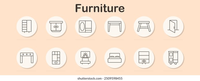 Furniture icon set. Various furniture symbols including shelves, cabinets, vanities, and beds for home and office interior design and decor
