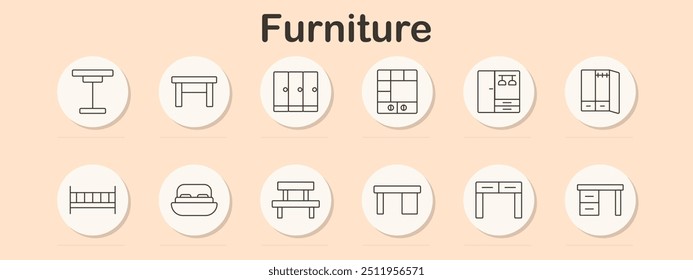 Furniture icon set. Various furniture symbols including tables, chairs, beds, and cabinets for home decor, interior design, and furnishing purposes