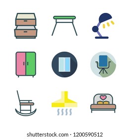 furniture icon set. vector set about rocking chair, bed, desk lamp and drawers icons set.