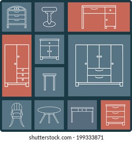 Furniture icon set, white line design