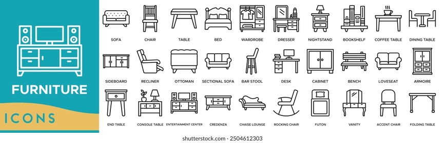 Furniture icon. Sofa, Chair, Table, Bed and Wardrobe