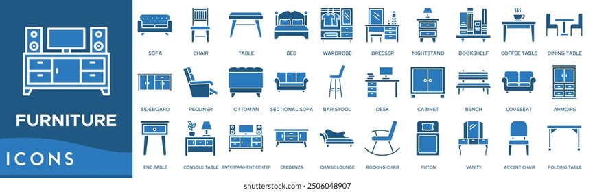 Icono de muebles. Sofá, Silla, Mesa, Cama y Armario