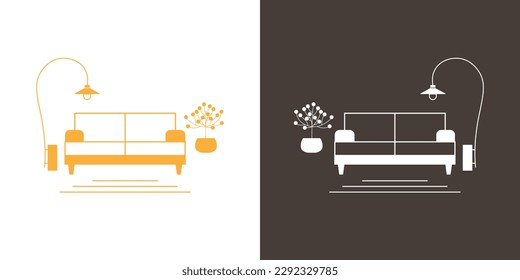 Furniture icon with sofa, floor lamp and plant. Living room design interior