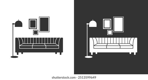 Ícone da mobília com sofá e lâmpada de chão. Preto sobre fundo branco e branco sobre fundo preto. Conceito de design de interiores.