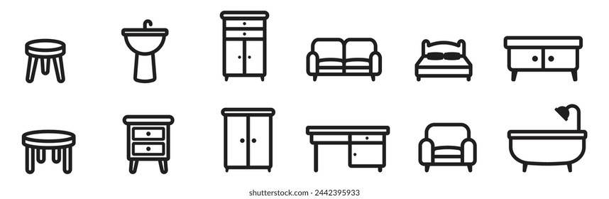 furniture icon symbol, chair table bed sofa cough and bathroom symbol outline icon