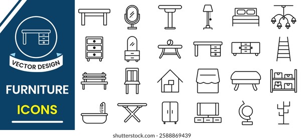 Furniture icon, vector set. Furniture silhouette, home interior line icon, elements sign symbol design. Containing sofa, chair, table lamp design for living room, bedroom, office. Vector illustration.