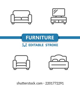 Furniture Icons. Bed, Couch, Sofa, TV Stand, Armchair Icon. Professional, 32x32 pixel perfect vector icon. Editable Stroke