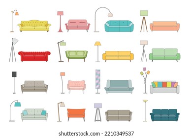 Furniture icons design. Collection of sofa and lamps illustration for home and office. 