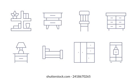 Furniture icons. Editable stroke. Containing shelves, lamp, nightstand, bed, chair, cabinet, furniturelock.