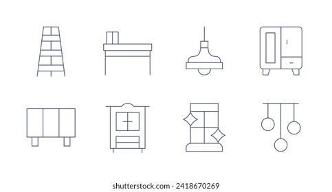 Furniture icons. Editable stroke. Containing shelf, cupboard, table, lamp, window.