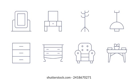 Furniture icons. Editable stroke. Containing mirror, archive, dressingtable, lowboy, coatrack, armchair, lamp, dinnertable.