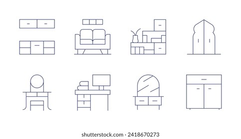 Furniture icons. Editable stroke. Containing kitchencabinet, dressingtable, livingroom, desk, shelves, door, cupboard.