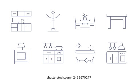 Furniture icons. Editable stroke. Containing kitchen, nightstand, coatstand, dinnertable, bath, diningtable.