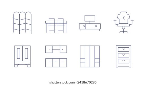 Furniture icons. Editable stroke. Containing divider, closet, table, kitchen, chair, drawers.