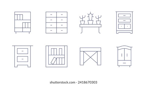 Furniture icons. Editable stroke. Containing bookshelf, bedsidetable, cabinet, plantpot, table, drawers, wardrobe.