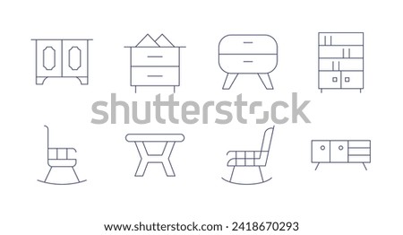 Furniture icons. Editable stroke. Containing cabinet, rockingchair, table, bedsidetable, bookcase, sideboard.