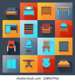 Furniture icons flat set with wardrobe mirror computer table isolated vector illustration