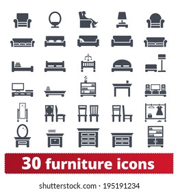 Furniture icons: hallway, dining, living room and bedroom vector set.