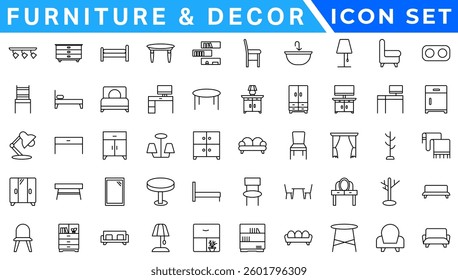 furniture icons, house decor icons, living room, bedroom, office, dining room, furniture icon set, editable stroke line, home decor icons, outline interior design elements, home appliances symbols