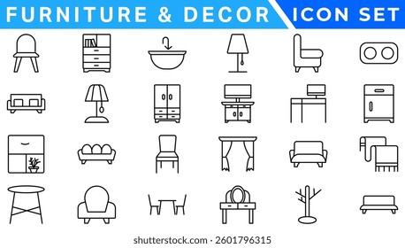 furniture icons, house decor icons, living room, bedroom, office, dining room, furniture icon set, editable stroke line, home decor icons, outline interior design elements, home appliances symbols
