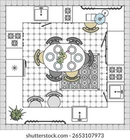 Ícones de móveis para conteúdo de cozinha, design de layout. Design de interiores da área de jantar. Plano de arquitetura, coleta padrão. Planta de chão na vista superior. Conjunto de vetores 