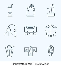 Furniture icons line style set with trash bin, shower, picnic table and other bookshelf elements. Isolated vector illustration furniture icons.