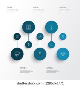 Furniture icons line style set with toilet paper, barstool, wall shelf and other stove elements. Isolated vector illustration furniture icons.