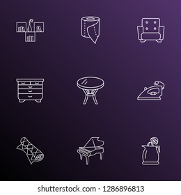 Furniture icons line style set with juicer, coffee table, drawer unit and other couch elements. Isolated vector illustration furniture icons.
