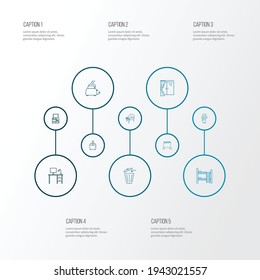 Furniture icons line style set with trash bin, lamp, window and other light elements. Isolated vector illustration furniture icons.