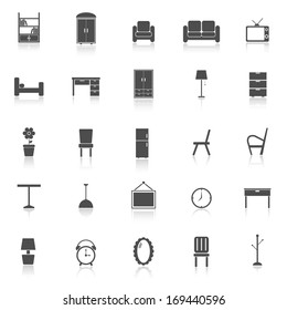 Furniture icons with reflect on white background, stock vector