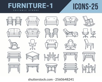 Furniture Icons sat. Vector illustration in modern thin line style of furniture icons. Editable stroke.