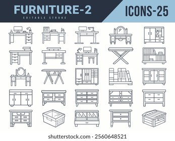 Furniture Icons sat. Vector illustration in modern thin line style of furniture icons. Editable stroke.