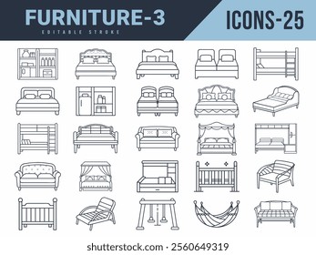 Furniture Icons sat. Vector illustration in modern thin line style of furniture icons. Editable stroke.