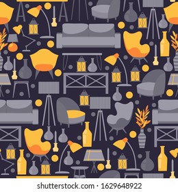 Furniture icons in seamless pattern, vector illustration. Flat style emblems of couch, chair, table, lamp. Modern furniture collection for living room, comfortable apartment, cozy home. Wrapping paper