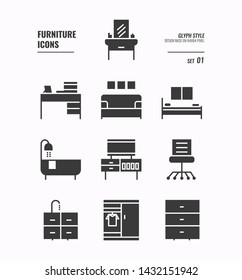 Furniture icons set 1, Office chair, bed, bath tube, cabinet, sofa bed and more, Glyph icons Design. vector