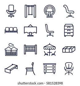 furniture icons set. Set of 16 furniture outline icons such as sofa, garden bench, baby bed, nightstand, office chair, swing, restaurant table, chair, pergola, table lamp