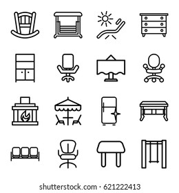 Furniture icons set. set of 16 furniture outline icons such as sofa, baby bed, table, nightstand, sunbed, clean fridge, wardrobe, office chair, swing, fireplace