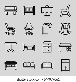 Furniture icons set. set of 16 furniture outline icons such as sofa, baby bed, wardrobe, office desk, bench, table, outdoor chair, bed, table lamp, nightstand