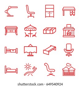 Furniture icons set. set of 16 furniture outline icons such as bed, garden bench, sunbed, wardrobe, office chair, office desk, table lamp, fireplace, restaurant table, pergola