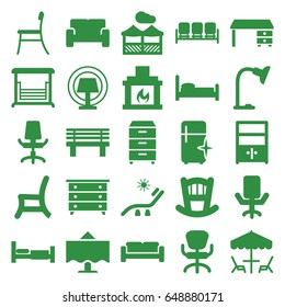 Furniture icons set. set of 25 furniture filled icons such as sofa, bed, baby bed, nightstand, sunbed, clean fridge, office desk, office chair, bench, swing, outdoor chair