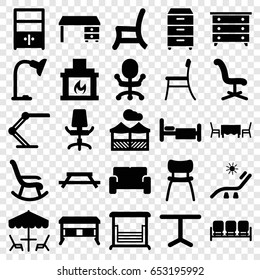 Furniture icons set. set of 25 furniture filled icons such as sofa, nightstand, sunbed, office chair, office desk, swing, table, outdoor chair, bed, table lamp, cupboard