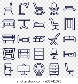 Furniture icons set. set of 25 furniture outline icons such as sofa, bed, garden bench, nightstand, clean fridge, office chair, bench, swing, table, outdoor chair, table lamp