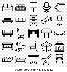 Furniture Icons Set. Set Of 25 Furniture Outline Icons Such As Sofa, Garden Bench, Baby Bed, Table, Chair, Sunbed, Wardrobe, Bench, Outdoor Chair, Office Chair, Table Lamp