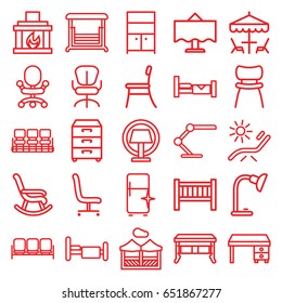 Furniture icons set. set of 25 furniture outline icons such as sofa, bed, baby bed, chair, sunbed, clean fridge, wardrobe, office desk, office chair, swing, table lamp