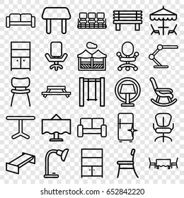 Furniture icons set. set of 25 furniture outline icons such as sofa, garden bench, table, chair, clean fridge, wardrobe, office chair, bench, swing, table lamp, cupboard