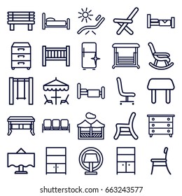 Furniture Icons Set. Set Of 25 Furniture Outline Icons Such As Sofa, Bed, Baby Bed, Table, Nightstand, Sunbed, Clean Fridge, Wardrobe, Bench, Swing, Outdoor Chair