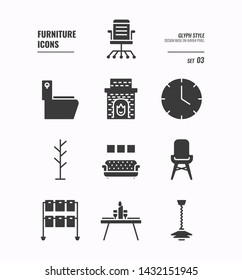 Furniture icons set 3, Wall lamp, sofa, flush toilet , dinner table, wall clock and more, Glyph icons Design. vector