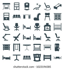 Furniture icons. set of 36 editable filled furniture icons such as garden bench, sofa, baby bed, nightstand, chair, sunbed, clean fridge, wardrobe, office chair, swing, table