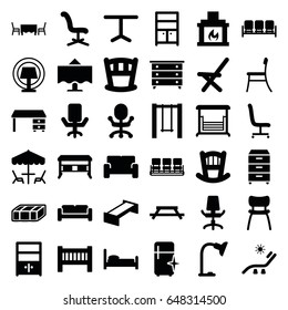 Furniture icons set. set of 36 furniture filled icons such as garden bench, sofa, baby bed, nightstand, chair, sunbed, clean fridge, wardrobe, office chair, office desk, swing