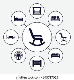 Furniture icons set. set of 9 furniture filled icons such as sofa, baby bed, chair, office chair, swing, restaurant table, table lamp, rocking chair